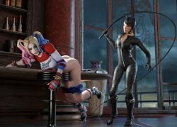 2girls 3d ass ass_focus bare_ass blender blue_eyes bondage catsuit catwoman dc dc_comics discipline dominant_female dyed_hair female femdom harley_quinn high_heels humiliation kinkblink leather naughty office pants_down punishment punishment_spanking shocked_expression slapping_butt spank_marks spanked_butt spanking submissive twintails video_games whip whipping yuri