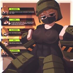 1girls anger_vein angry annoyed annoyed_expression areolae_visible_through_clothing armor armwear big_breasts black_shirt bodysuit breasts cleavage clothed color dialogue dialogue_box edj english english_dialogue english_text helmet kys legwear roblox roblox_game robloxian self_insert skin_tight skintight_bodysuit slammer_(tower_defense_x) speech_line tagme text tight_clothing tower_defense_x undressed xxliam1029xx