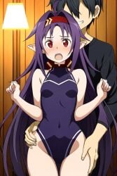1boy 1girls ahoge ai_generated bare_arms bare_legs bare_shoulders black_hair black_shirt blush evil_grin faceless_male grabbing grabbing_from_behind hairband hand_on_another's_hip hip_focus hip_grab kirito konno_yuuki lamp leotard long_sleeves looking_at_viewer messy_hair nervous open_mouth pointy_ears purple_hair purple_leotard red_eyes red_hairband short_hair skin_tight sleeveless small_breasts smile standing sword_art_online very_long_hair wide_hips wooden_wall