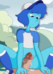 1boy 1girls alien baseball_hat blue_hair blue_skin bottomless cartoon_network clothed clothes crystal_gem cum duo female gem_(species) hair hat headgear humanoid lapis_lazuli_(bob) lapis_lazuli_(steven_universe) male mrcbleck penis steven_universe straight