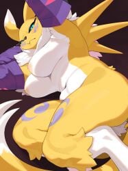 2024 4_fingers anthro areola arm_tuft arm_under_breasts armwear armwear_only bandai_namco black_sclera blue_eyes blush blush_lines breasts bridal_gauntlets chest_tuft clothing countershade_torso countershading crotch_lines crotch_tuft digimon digimon_(species) dipstick_ears dipstick_tail ear_markings female female_anthro fingers front_view fur fur_markings genitals hand_on_chin hi_res holding_breast innie_pussy kame_3 looking_down low-angle_view markings mostly_nude multicolored_ears navel nipples nude one_eye_closed purple_armwear purple_bridal_gauntlets purple_clothing pussy renamon shoulder_tuft simple_background solo standing tail tail_markings tomoe_(symbol) tuft white_background yellow_body yellow_fur yellow_tail yin_yang