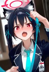 ai_generated angry black_hair blue_archive blush cat_ears collarbone dark-skinned_male dark_skin embarrassed fetish hair_ribbon holding_object huge_breasts imminent_sex interracial large_breasts light-skinned_female light_skin looking_at_viewer red_eyes school_uniform schoolgirl serika_(blue_archive) twintails uncle_illustration