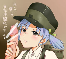 blue_hair blush censored female grey_eyes hair hat headgear hydrangia kantai_collection ooshio_(kantai_collection) peaked_cap penis pointless_censoring precum short_hair short_twintails solo_focus suspenders tied_hair twintails