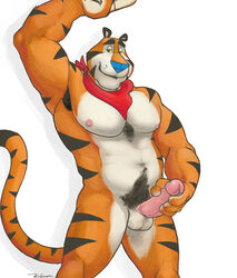 2014 anthro armpits balls black blue erection eyes feline frosted_flakes hair kellogg's kirron male male_only mammal mascot masturbation muscles nipples nude pecs penis pink pubes raised_arm simple_background solo standing tiger tony_the_tiger vein yellow_sclera