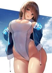 1girl 1girls belly_button belly_button_visible_through_clothing big_breasts blush blushing breasts female female_focus female_only highleg highleg_swimsuit jacket kekemotsu looking_at_viewer nikuzume one-piece_swimsuit open_mouth short_hair simple_background swimsuit