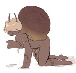 all_fours antennae anthro balls blush brown_penis brown_skin dripping feet full-length_portrait gastropod hair_over_eyes male male_only nude original original_character penis portrait rainbowsprinklesart shell side_view simple_background slime snail solo tan_hair unnamed_character white_background