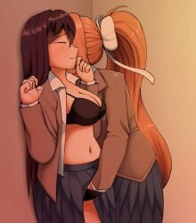 2girls against_wall black_bra black_panties blue_skirt bra breasts brown_hair closed_eyes doki_doki_literature_club fingering hair_ribbon hand_in_another's_panties hand_in_panties highres jacket kissing kissing_neck large_breasts long_hair long_sleeves monika_(doki_doki_literature_club) multiple_girls navel open_clothes open_jacket panties pleated_skirt ponytail purple_hair ribbon school_uniform skirt triple_stabber underwear very_long_hair yuri yuri_(doki_doki_literature_club)