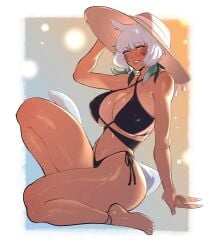 1girls big_breasts bikini bikini_bottom bikini_top black_swimsuit cat_ears cat_tail cleavage final_fantasy final_fantasy_xiv kemonomimi kukumomo miqo'te nail_polish nails sunhat swimsuit swimwear thick_thighs thighs toenail_polish toenails white_hair y'shtola