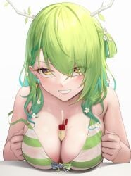 1girls 2d big_breasts blush breasts ceres_fauna clothed earrings eyebrows_visible_through_hair female female_only flower flower_in_hair green_hair green_swimsuit hololive hololive_english hololive_english_-council- hololive_english_-promise- horn large_breasts long_hair looking_at_viewer mole mole_under_eye nail_polish object_between_breasts paizuri simple_background solo somebody somebody_(leiking00) swimsuit virtual_youtuber voluptuous wet wet_body yellow_eyes