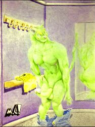 3:4 absurd_res annoyed anthro bottomwear clothing denim denim_bottomwear denim_clothing domestic_cat dressing_room english_text erection felid feline felis fur green_body green_fur hi_res jeans male mammal marthan_crowl_(artist) mirror mirror_reflection muscular muscular_anthro muscular_male pants reflection solo text