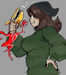 beanie brunette chubby chubby_female creepypasta fakdog_(step_right_up) freckles friday_night_funkin hand_on_ass hand_on_hip painted_nails readraws sara_taylor side_view smile.dog smile_dog smiling_at_viewer step_right_up:_adventure_isle strangling