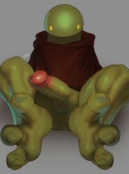 3_toes anthro big_penis bottomless claws clothed clothing feet final_fantasy foot_focus foreshortening front_view genitals glans green_body hi_res katabreak looking_at_viewer male male_foot_fetish male_only penis robe sitting solo square_enix toes tonberry yellow_eyes