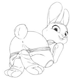 2016 all_fours anthro anus ass black_and_white buckteeth clothed clothing disney female judy_hopps kittyjar lagomorph looking_back mammal monochrome pants_down partially_clothed pussy rabbit rear_view simple_background smile solo teeth white_background zootopia