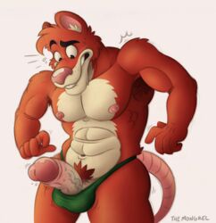 1boy 2016 5_fingers anthro armpit_hair armpits black_eyes blush bulge clothing fur half-erect humanoid_penis jockstrap male male_only mammal navel nipples orange_fur penis penis_out_of_underwear pink_nose pubes rat redrodent_(character) rodent signature simple_background solo standing sweat tan_fur themongrel underwear vein veiny_penis white_background white_sclera