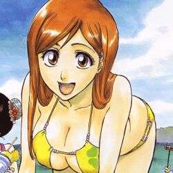 ass bare_shoulders bending_forward bending_over bent_forward bent_over big_breasts bikini bleach breasts brown_eyes cleavage eyepatch_bikini female female_focus female_only flower flower_in_hair hair_behind_ear hair_on_shoulder hair_over_shoulder hanging_breasts inoue_orihime long_hair looking_at_viewer manga manga_page official_art open_mouth orange_hair smile smiling smiling_at_viewer swimsuit tite_kubo tongue yellow_bikini yellow_swimsuit