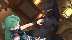 3d baizhu_(genshin_impact) black_fur black_hair blender breasts cowgirl_position crossover female genshin_impact green_hair gypsybard_(artist) hellhound hellhound_(monster_girl_encyclopedia) male male/female monster_girl_encyclopedia penetration penis_in_pussy red_eyes sex tail