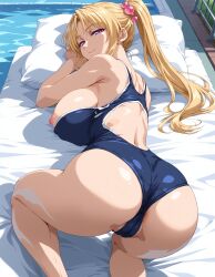 1girls ai_generated anus anus_peek arm_support ass ass_focus ass_up bare_breasts bare_legs bare_shoulders barefoot bent_over bible_black big_ass blonde_hair blunt_bangs blush breasts_out cameltoe competition_swimsuit curvaceous dat_ass female female_only head_on_pillow huge_ass huge_breasts kneeling looking_at_viewer looking_back looking_back_at_viewer mattress nipple_slip nipples outside partially_visible_vulva pillow ponytail pool poolside presenting presenting_ass revealing_swimsuit saeki_kaori school_swimsuit schoolgirl sideboob smile solo solo_focus swimsuit teenage_girl teenager thick_ass thick_thighs thighs tight_swimsuit top-down_bottom-up very_long_hair voluptuous wesker_ai