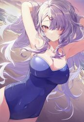 armpits arms_up ass_visible_through_thighs bare_arms bare_legs bare_shoulders bare_thighs beach belly_button_visible_through_clothing big_breasts blush breasts cleavage collarbone hair_ornament holding_own_hair long_hair one-piece_swimsuit open_mouth original original_character outdoors purple_hair red_eyes ringozaka_mariko solo swimsuit thighs wet_body wet_hair