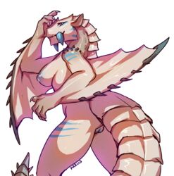 2016 alpha_channel anthro anthrofied areola ass barioth blue_eyes blue_nipples blue_pussy blue_scales breasts brown_scales capcom english_text fangs female flying_wyvern krells looking_at_viewer membranous_wings monster_hunter nipples nude pseudowyvern pussy scales scalie sideboob signature simple_background smile solo spikes stripes text transparent_background video_games wings wyvern