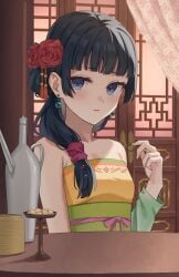 bare_arms bare_shoulders blue_eyes blush breasts chinese_clothes closed_mouth collarbone earrings embarrassed flower flower_in_hair hair_ornament indoors jewelry kusuriya_no_hitorigoto makeup maomao_(kusuriya_no_hitorigoto) mikoha358212 one_sleeve ponytail ribbon sitting small_breasts table