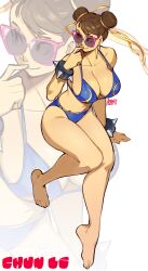 1girls big_ass big_breasts bikini breasts brown_hair chun-li highres large_breasts snowcie spiked_bracelet street_fighter sunglasses tinted_eyewear watermark