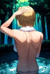 1boy ai_generated back back_view bathing blonde_hair forest from_behind hand_on_own_head hunter_x_hunter kurapika nude short_hair skinny solo towel towel_around_neck trap upper_body washing_hair water wet