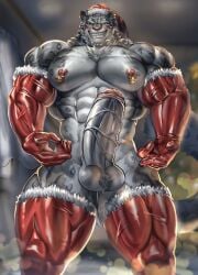 2023 abs absurd_res anthro barazoku biceps big_muscles big_penis biped blush christmas erection felid foreskin genitals glans hi_res holidays huge_cock huge_muscles humanoid_genitalia humanoid_penis looking_at_viewer male mammal mostly_nude_anthro mostly_nude_male muscular muscular_anthro muscular_male nipple_bell pantherine pecs penis smile solo standing tiger vein veiny_penis yukihoshiak