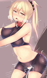 1boy bare_shoulders bike_shorts blonde_hair blush breasts clothing collar covered_nipples cowboy_shot cum cum_in_pussy female heavy_breathing highres kubiwa_(kutan) kutan large_breasts long_hair motion_lines navel nose_blush open_mouth original ponytail red_eyes saliva sex sideboob skin_tight sleeveless sweat tied_hair torogao twitching