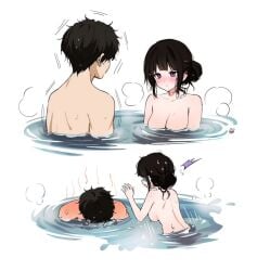 1boy 1boy1girl 1girls 2024 2koma back big_breasts black_hair blush breasts chitanda_eru cleavage collarbone commentary_request completely_nude completely_nude_female dark_hair duo female hand_up hands_up head_steam hi_res highres hot_spring hot_springs human hyouka large_breasts light-skinned_female light-skinned_male light_skin looking_at_another looking_at_partner looking_down male male/female mery_(yangmalgage) multiple_views naked naked_female no_bra nude nude_female onsen open_eyes open_mouth oreki_houtarou overheated partially_submerged purple_eyes rear_view shaking shocked short_hair shoulder_blush shoulders sideboob signature simple_background startled steam straight sweat tied_hair topless turn_pale unseen_male_face upper_body water watermark wet white_background worried