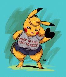 1girls :3d big_breasts breasts busty clothing cosplay_pikachu female female_only huge_breasts joaoppereiraus kanna_(joaoppereiraus) large_breasts pikachu pokemon pokemon_(species) shirt shortstack skirt solo tail text text_on_clothing thick_thighs wide_hips