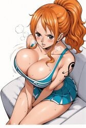 ai_generated alluring big_breasts breast_press breasts brown_eyes cheerleader cheerleader_costume cheerleader_outfit cheerleader_uniform female female_only jiggling_breasts long_hair nami nami_(one_piece) one_piece orange_hair pom_poms ponytail seducing seduction seductive seductive_body seductive_eyes seductive_gaze seductive_look seductive_mouth seductive_pose shiny_hair shiny_skin sitting sitting_down sitting_on_couch steam steamy_breath sweat sweatdrop sweating sweaty sweaty_body tattoo tattoo_on_arm tattooed_arm thick_thighs voluptuous voluptuous_female yashin