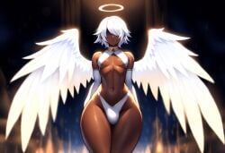 1boy ai_generated alriel angel angel_wings black_femboy curvy dark-skinned_male dark_skin femboy hair_over_eyes halo monster_femboy mullon novelai public_domain thick_thighs trap white_hair wings