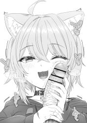 1boy bar_censor blush censored cheek_press default_skin facejob female greyscale highres hololive looking_at_viewer male_pubic_hair monochrome nekomata_okayu one_eye_closed open_mouth penis_grab penis_on_face precum pubic_hair straight tofa virtual_youtuber