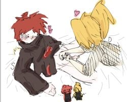 2boys akatsuki_(naruto) anime blonde_hair boy_only chibi clothed deidara enjoying gay half_body handjob heart male male_only naruto naruto_(series) red_hair sasori simple sketch toony wet_cock yaoi