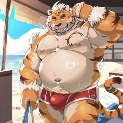 1boy 2024 absurd_res anthro beach belly big_belly blush bulge clothing cloud detailed_background felid hi_res hombre_tigre_(tokyo_afterschool_summoners) kemono lifewonders male male_only mammal moobs musclegut muscular navel nipples outside overweight overweight_male pantherine solo swimwear tiger tokyo_afterschool_summoners tulrang water