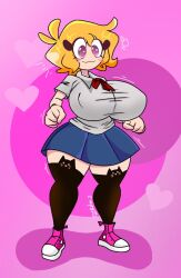 ann_chica_(fnafhs) big_breasts blonde_hair blushed chica_(fnafhs) eyebrows fhs fhsz3r0 fnafhs fnafhs_z3ro heart_shaped_pupils purple_eyes school_uniform skaler2 voluptuous