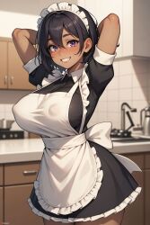 1girls ai_generated apron bangs blush breasts covered dark dark-skinned dress female female_only frills grin headdress juswa kitchen maid nipples sleeves smile solo