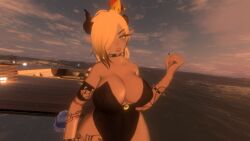 big_breasts blue_eyes body_suit bowsette choker crown horns huge_breasts queenstarvr tattoo voluptuous vrchat vrchat_avatar yellow_hair