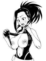 black_hair blush breasts female female_only large_breasts long_hair momo_yaoyorozu momo_yaoyorozu_(hero_outfit) monochrome monpuchi my_hero_academia nipples no_bra ponytail scan simple_background skirt solo solo_female straight_hair tied_hair