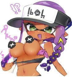 !? 1girls 1other black_bra blush bra bra_pull breasts censored_nipples green_eyes inkling inkling_girl long_hair navel open_mouth pulled_by_another purple_hair splatoon splatoon_(series) tank_top tank_top_lift tongue vaz_999 visor visor_cap