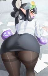 1girls all_fours alternate_costume ass black_bra black_hair bra bra_visible_through_clothes breasts callie_(office_lady) callie_(splatoon) female hi_res inkling jtveemo large_ass light-skinned_female light_skin long_hair nintendo office_lady panties skirt solo splatoon splatoon_(series) tentacle_hair thick_thighs