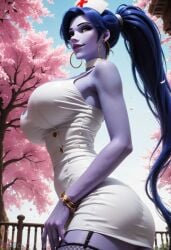 1girls ai_generated amelie_lacroix big_breasts breast female female_only long_hair nurse nurse_dress overwatch overwatch_2 oxtonai purple_hair purple_skin widowmaker