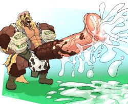 anthro bodybuilder cum cum_on_ground cum_puddle cumming equine_penis excessive_cum flit furry horse hyper hyper_balls hyper_cock hyper_genitalia hyper_penis hyper_testicles male male_only muscles muscular muscular_arms muscular_male muscular_thighs