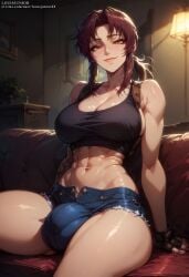 1futa abs ai_generated balls_under_clothes bangs big_breasts black_lagoon breasts brown_eyes brown_hair bulge civitai clothed clothing couch denim_shorts futa_focus futa_only futa_sans_pussy futanari giant_cock gloves half-closed_eyes highres huge_cock indoors large_breasts leaning_back light-skinned_futanari light_skin living_room looking_at_viewer louisjunior midriff navel oiled_skin penis_under_clothes ponytail revealing_clothes revy shorts sideboob sidelocks sitting sitting_on_couch sitting_on_sofa skindentation smile sofa solo solo_focus solo_futa tank_top thick_thighs thighs uncensored upscaled