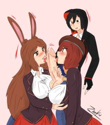 1boy 2girls black_eye black_hair brown_eyes brown_hair bunny_ears clothed coco_adel collaborative_fellatio hat heterochromia hood_up hoodie jin_satou original_character red_eye rwby scar_across_eye school_uniform velvet_scarlatina zronku