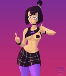 danny_phantom evil_raccoon goth goth_girl gothic medium_breasts middle_finger patch purple_eyes sam_manson shirt_up short_hair showing_breasts showing_off