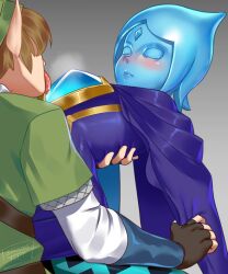 1boy 1girls blue_skin fi grabbing holding_close licking_breast link link_(skyward_sword) sex skyward_sword strikingtulip the_legend_of_zelda