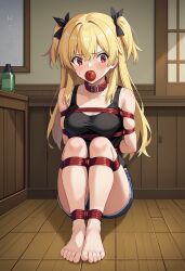 ai_generated apple_gag apple_in_mouth arms_tied_behind_back blonde_hair blush bondage bound_ankles bound_legs female gag gagged hair_ribbon red_eyes sitting