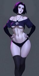 1girl alien_symbol bare_midriff black_panties cameltoe dc_comics dressed female female_only fully_clothed goth goth_girl nipple_bulge purple_hair purple_shirt rachel_roth raven_(dc) revealing_clothes solo stockings tagme tarakanovich underboob