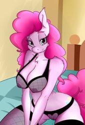 2018 anthro areola barely_visible_genitalia bed bed_sheet bedding bedroom bedroom_eyes big_breasts blue_eyes bra breasts chest_tuft cleavage clothed clothing cutie_mark earth_pony equine erect_nipples eyebrows eyelashes female fishnet fishnet_legwear friendship_is_magic fur hair half-closed_eyes headboard hi_res horse huckser inner_ear_fluff inside legwear lingerie long_hair looking_at_viewer mammal my_little_pony nipples panties pink_hair pinkie_pie_(mlp) pony portrait pose seductive smile solo straight_hair subtle_pussy thick_thighs three-quarter_portrait translucent transparent_clothing tuft underwear